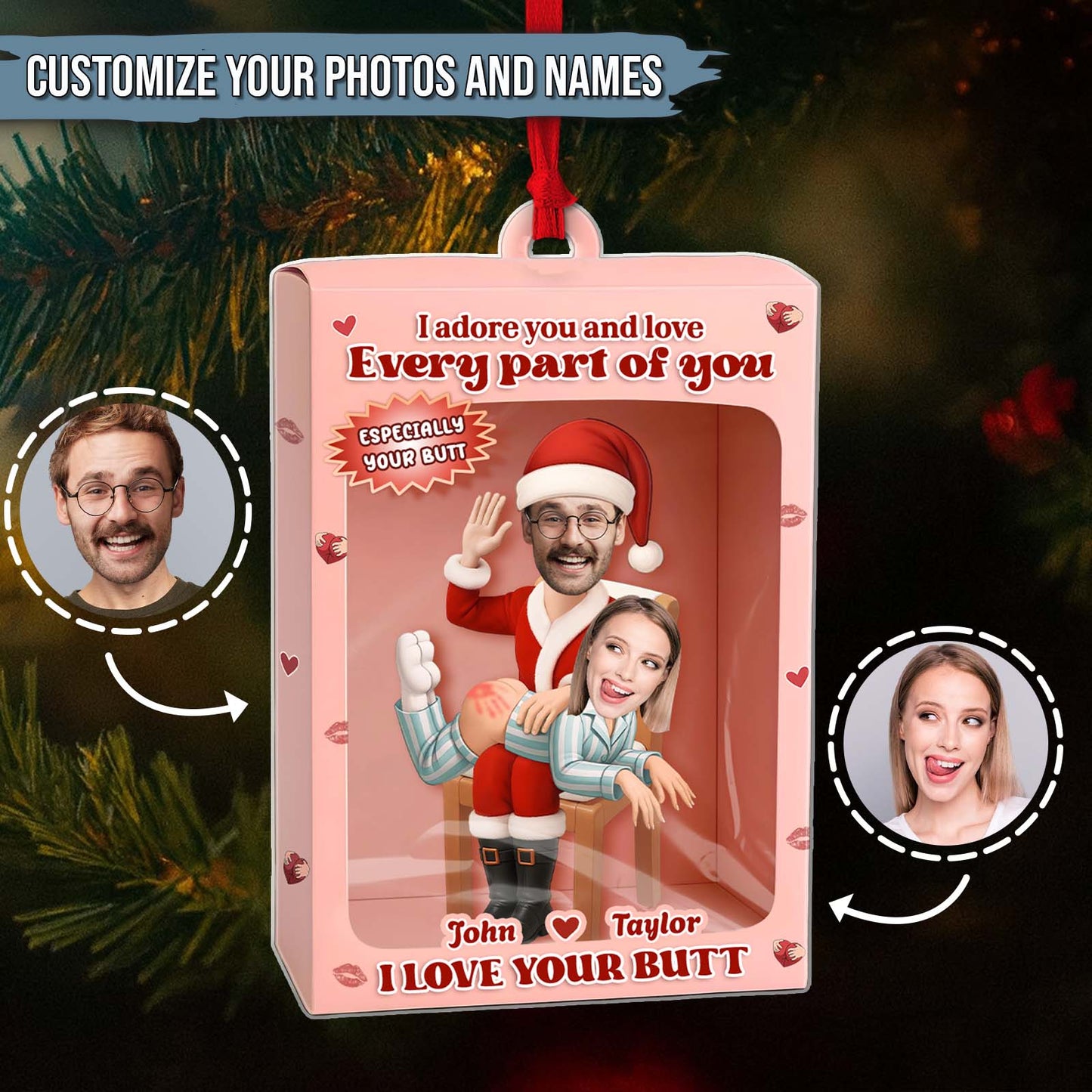 Personalized couple ornament gift featuring customizable photos and names for a unique holiday keepsake