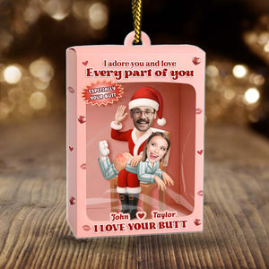 Personalized couple ornament gift featuring custom caricatures in a festive scene with a humorous message
