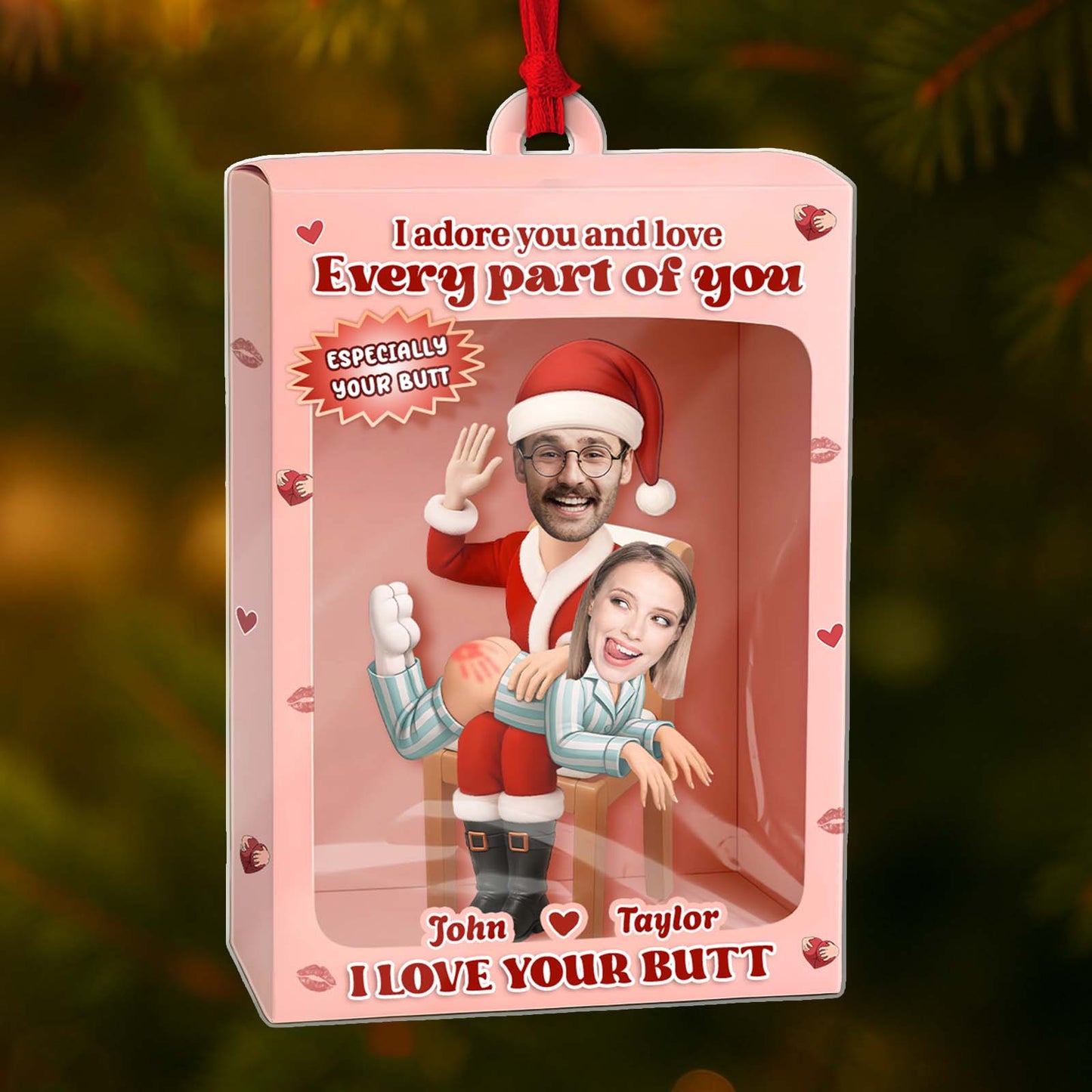 Personalized couple ornament gift featuring a festive design with playful text and custom names
