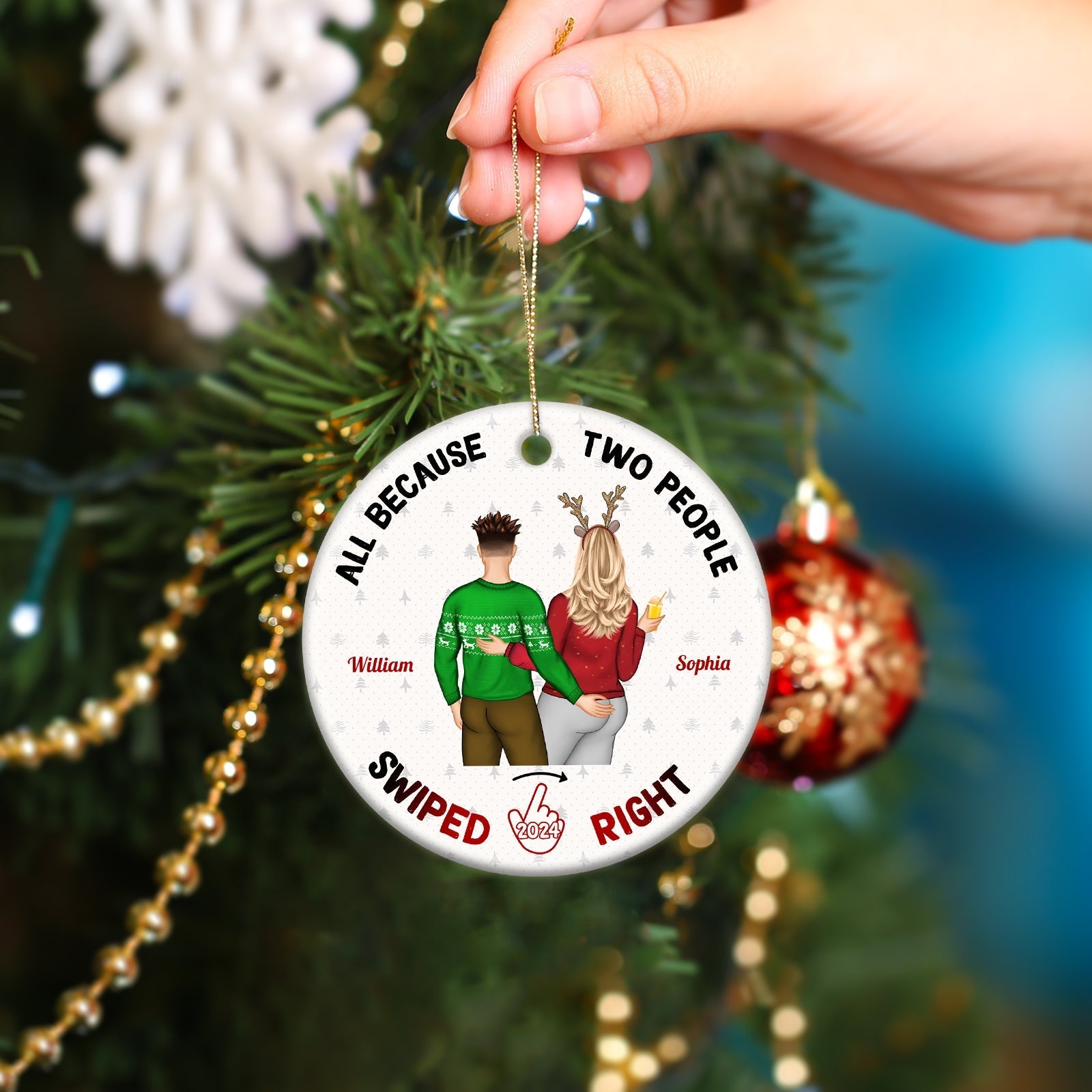 365Gifty personalized couple ornament with cartoon couple and Swiped Right 2024 text hanging on Christmas tree