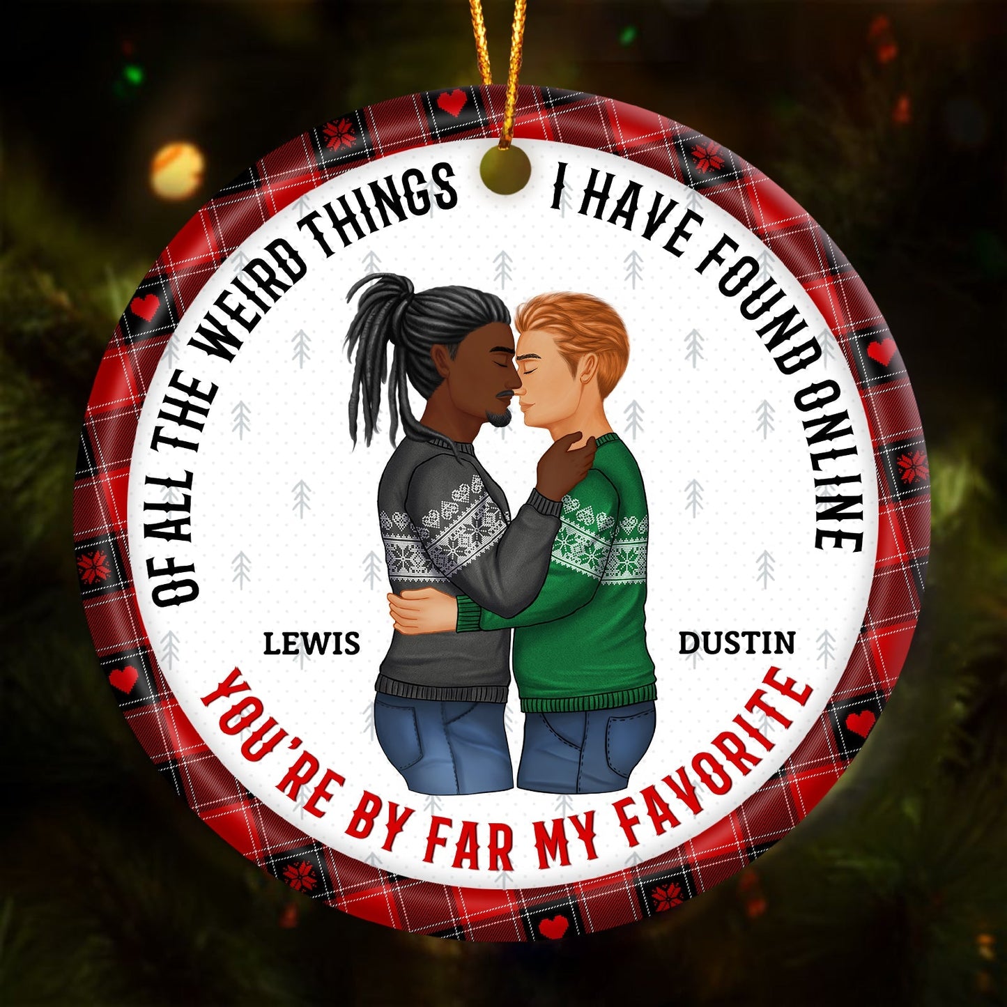 365Gifty personalized couple ornament with a romantic illustration and plaid border for festive decor