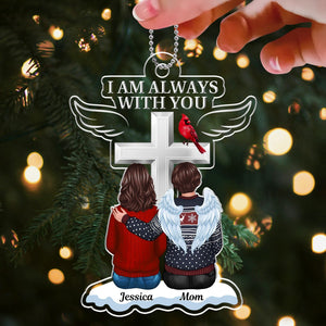 Personalized couple ornament with a cross and angel wings featuring custom names Jessica and Mom