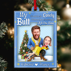 Personalized couple ornament with fun photo and text, perfect for holiday decorations