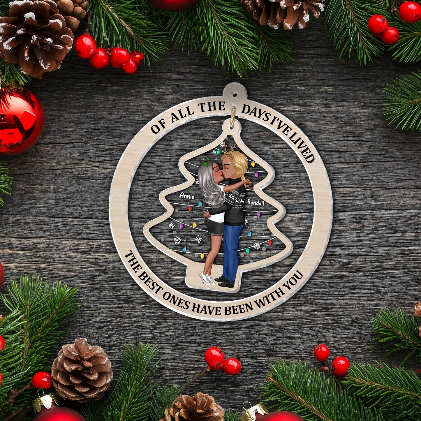 365Gifty personalized couple ornament featuring a kissing couple inside a Christmas tree shape with holiday decorations