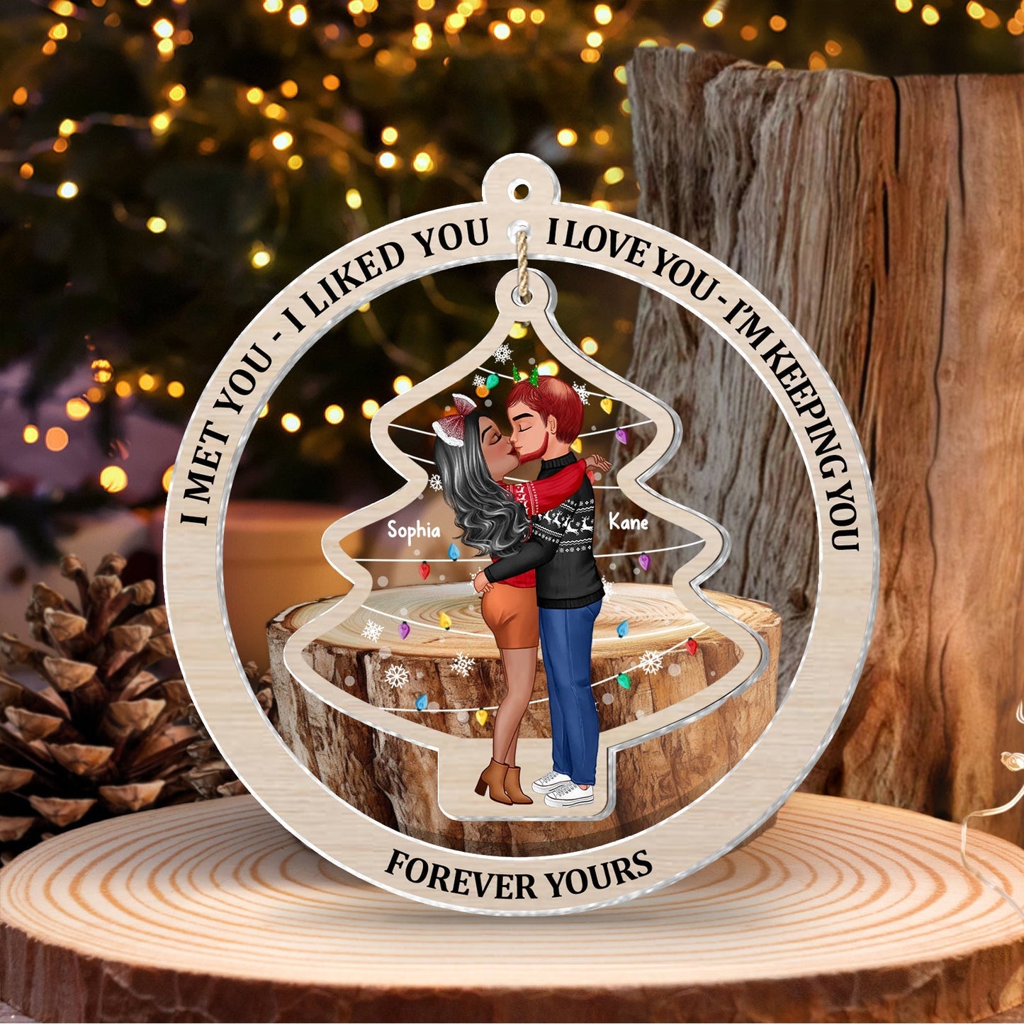 365Gifty personalized couple ornament with custom names and romantic design in festive setting