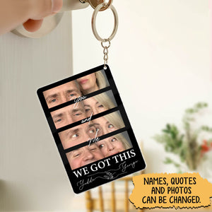 Personalized couple photo keychain featuring customizable names and quotes for a unique gift