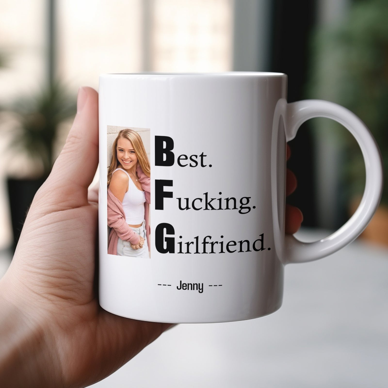 Personalized couple photo mug featuring a custom photo and text that says Best Fucking Girlfriend