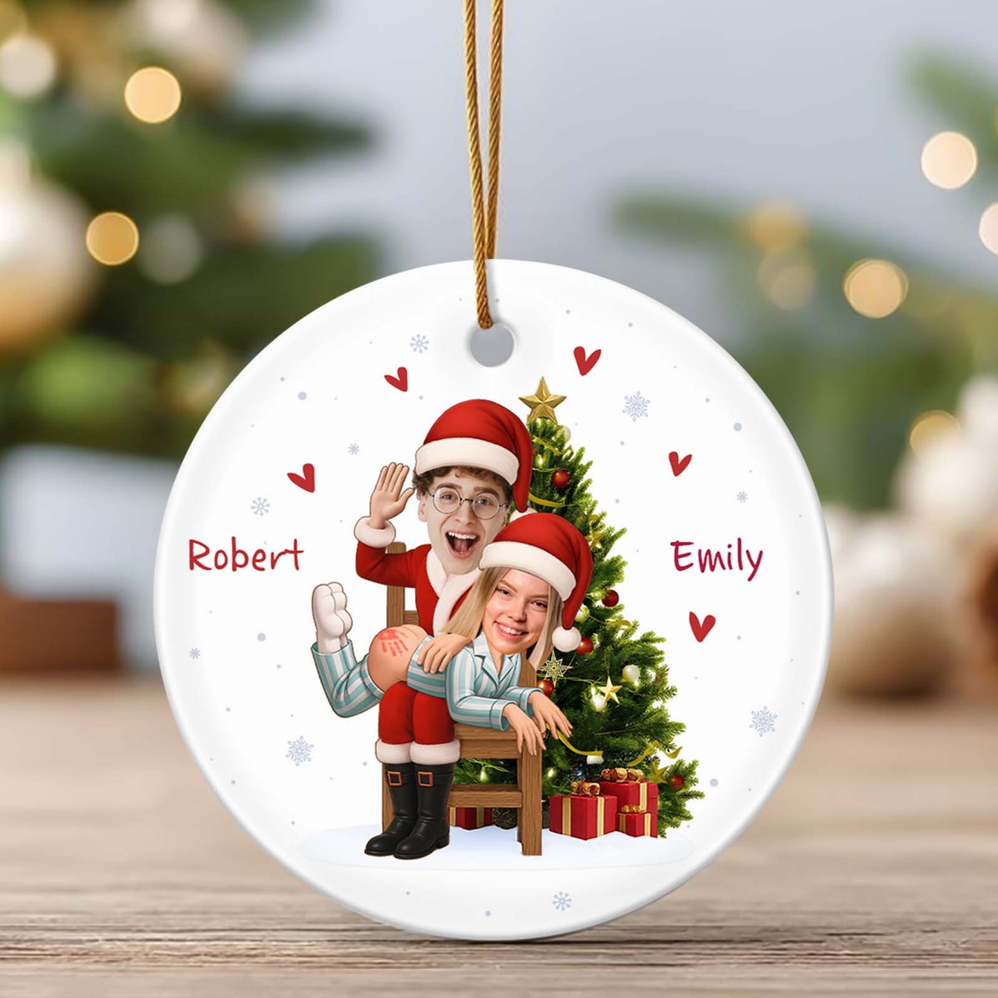 Personalized couple photo ornament featuring a festive design with two people and a Christmas tree