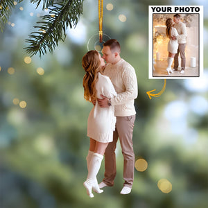 Personalized couple photo ornament hanging on tree branch customized with a romantic couple image