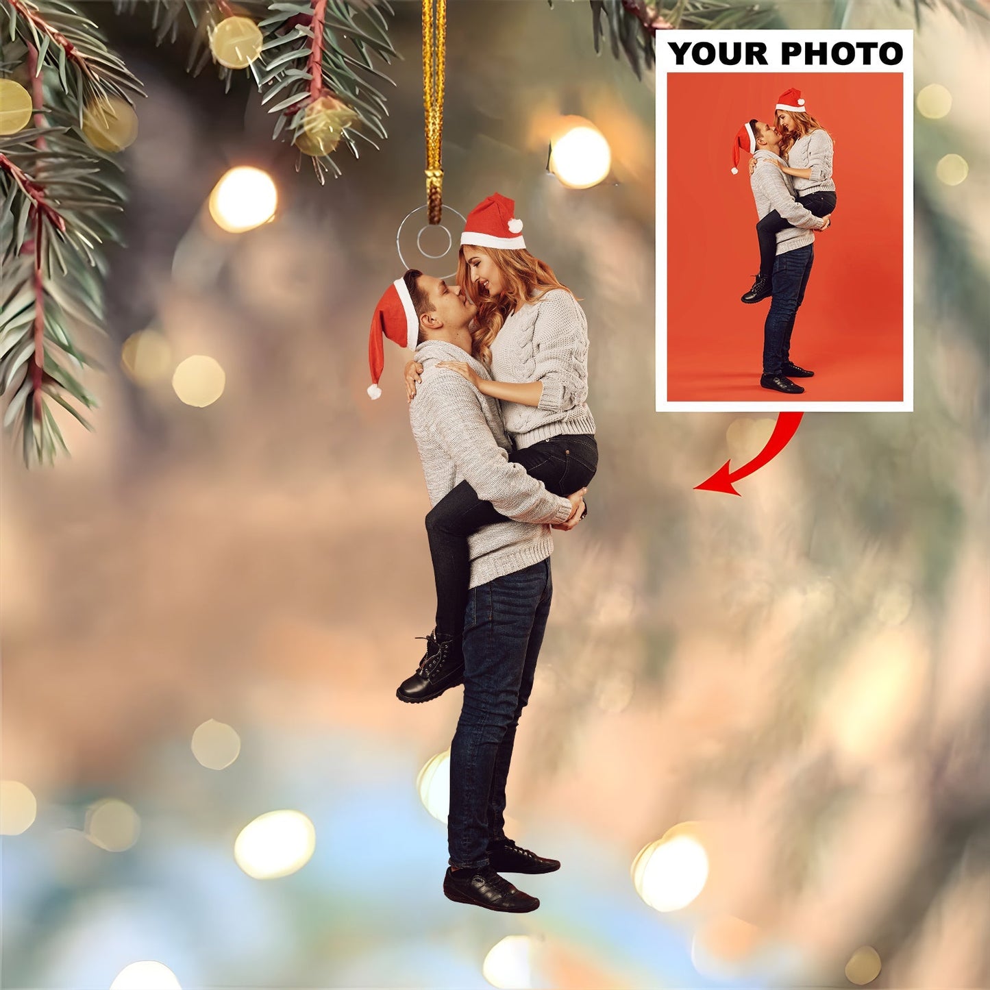 365Gifty personalized couple photo ornament featuring a couple in festive Santa hats and sweaters
