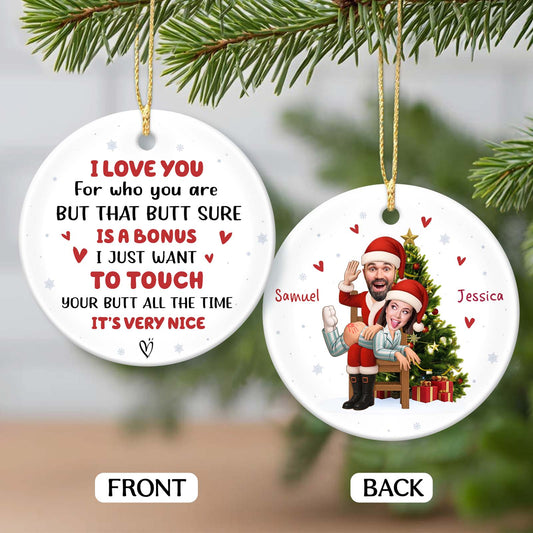Personalized couple photo ornament featuring fun holiday design with custom names for a unique gift
