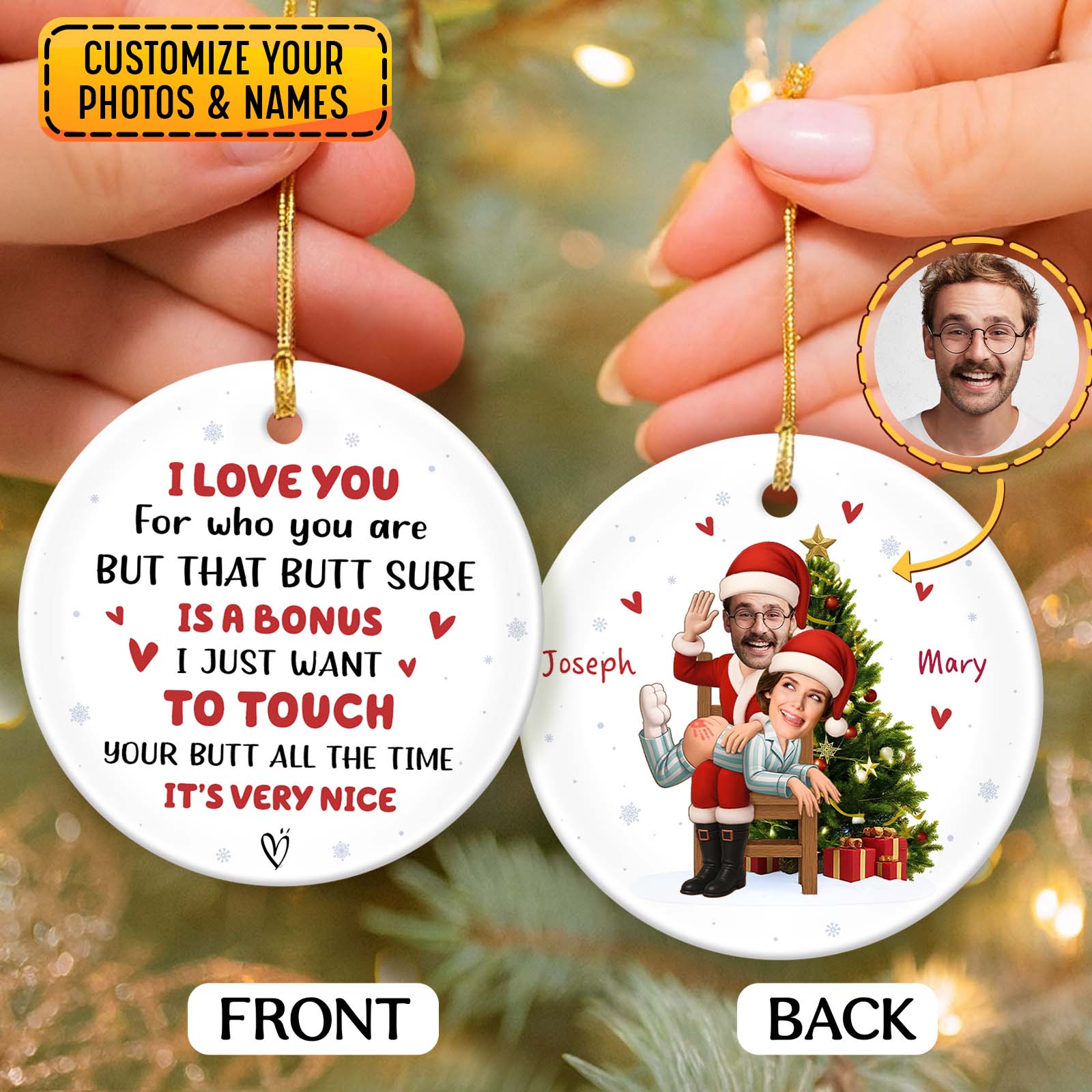Personalized couple photo ornament featuring a fun festive design with customizable names
