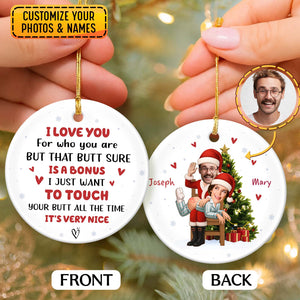 Personalized couple photo ornament featuring a fun festive design with customizable names