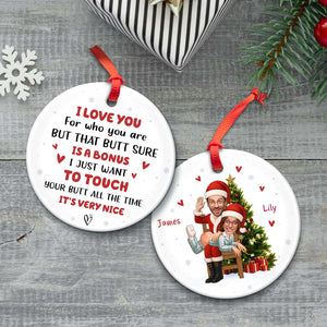 Personalized couple photo ornament featuring festive holiday design and playful text for custom gifts
