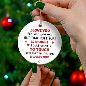 Personalized couple photo ornament with humorous love message and festive design for holiday décor