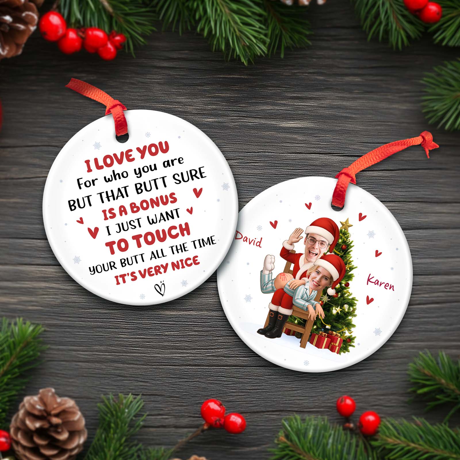 Personalized couple photo ornament featuring custom names and fun holiday message for festive decor