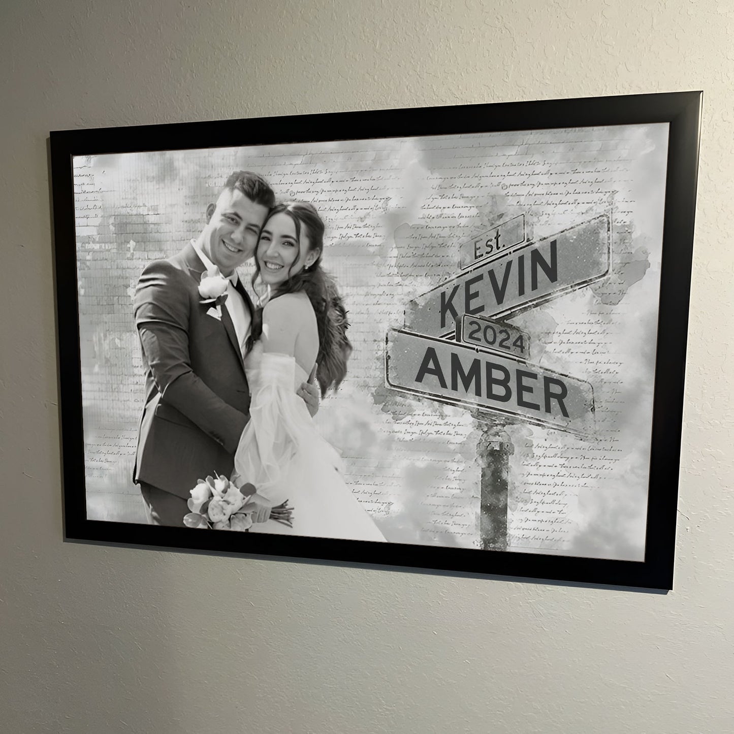 Personalized couple poster by 365Gifty featuring a black and white photo of a bride and groom with street signs showing names Kevin and Amber