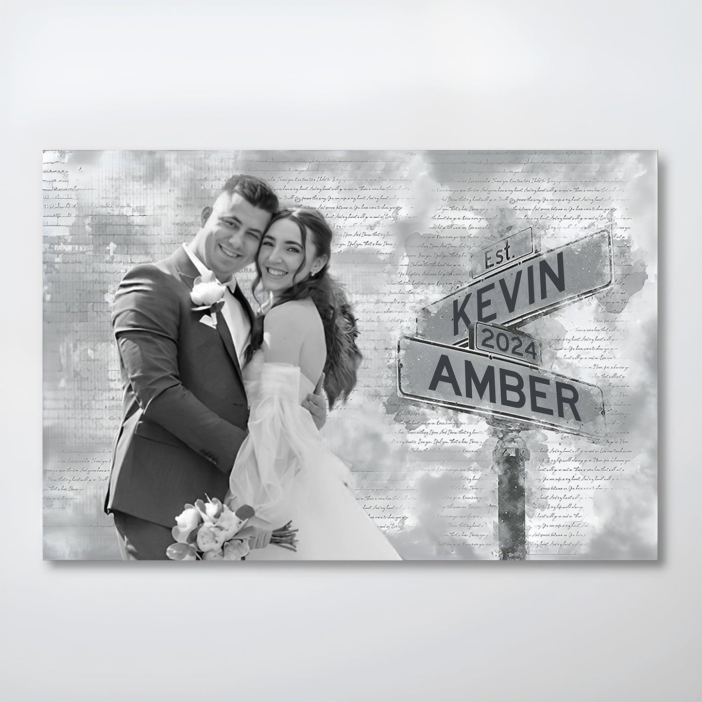 Black and white personalized couple poster featuring a smiling bride and groom with street signs showing names Kevin and Amber