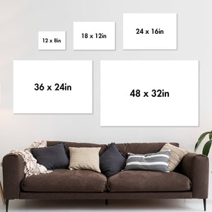 Living room with brown sofa and five blank white posters showing sizes for personalized couple poster options