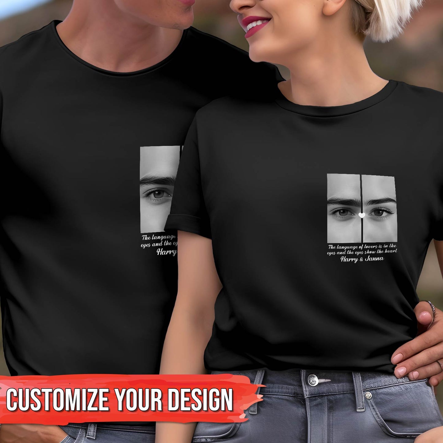 Black personalized couple shirts featuring a unique half-face design for custom matching outfits