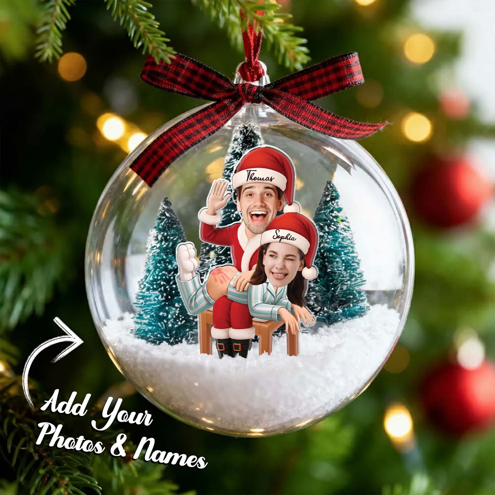 Personalized couple snow globe ornament featuring a festive design for holiday celebrations