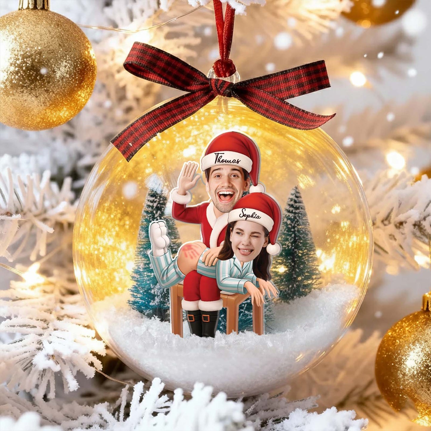 Personalized couple snow globe ornament featuring a festive scene with a couple sitting on a bench
