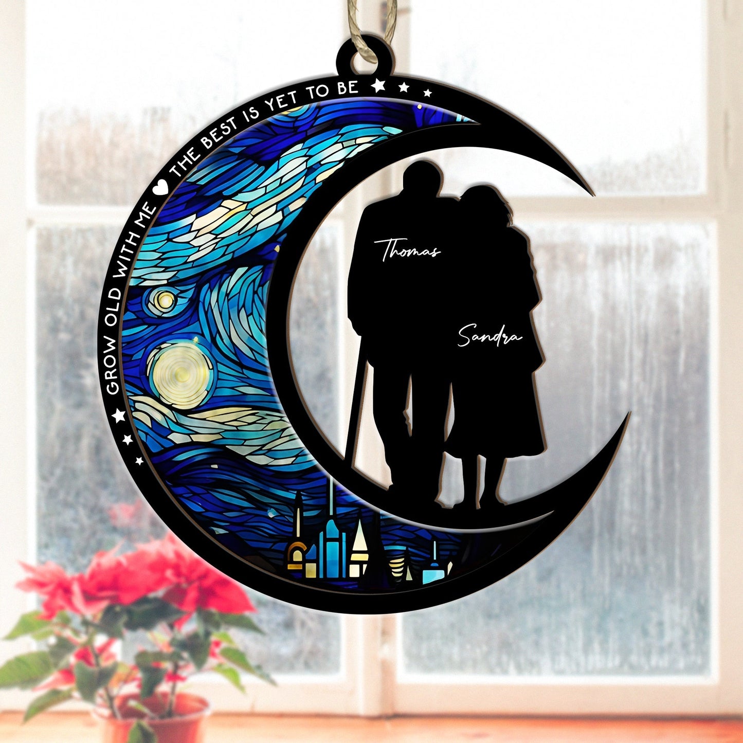 365Gifty personalized couple suncatcher ornament with crescent moon and starry night design hanging by window