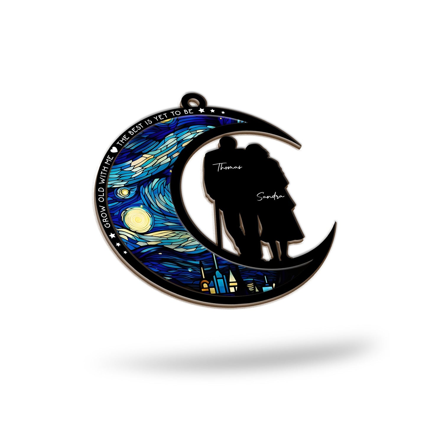 Personalized couple suncatcher ornament with crescent moon and starry night design by 365Gifty