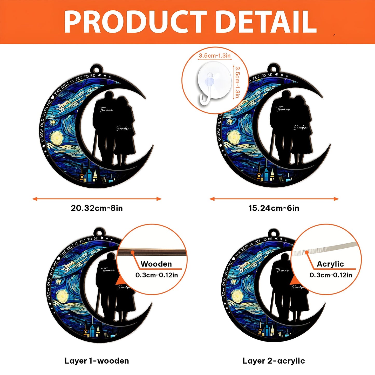Personalized couple suncatcher ornament made of wooden and acrylic layers featuring a couple silhouette on a starry night crescent moon