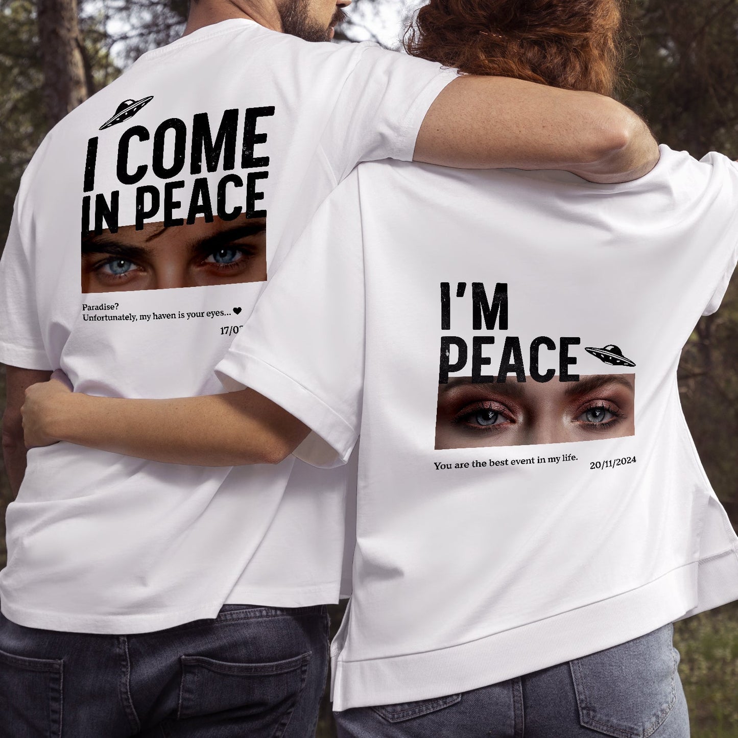 Personalized couple t-shirt set with matching peace-themed design and photo prints on white fabric