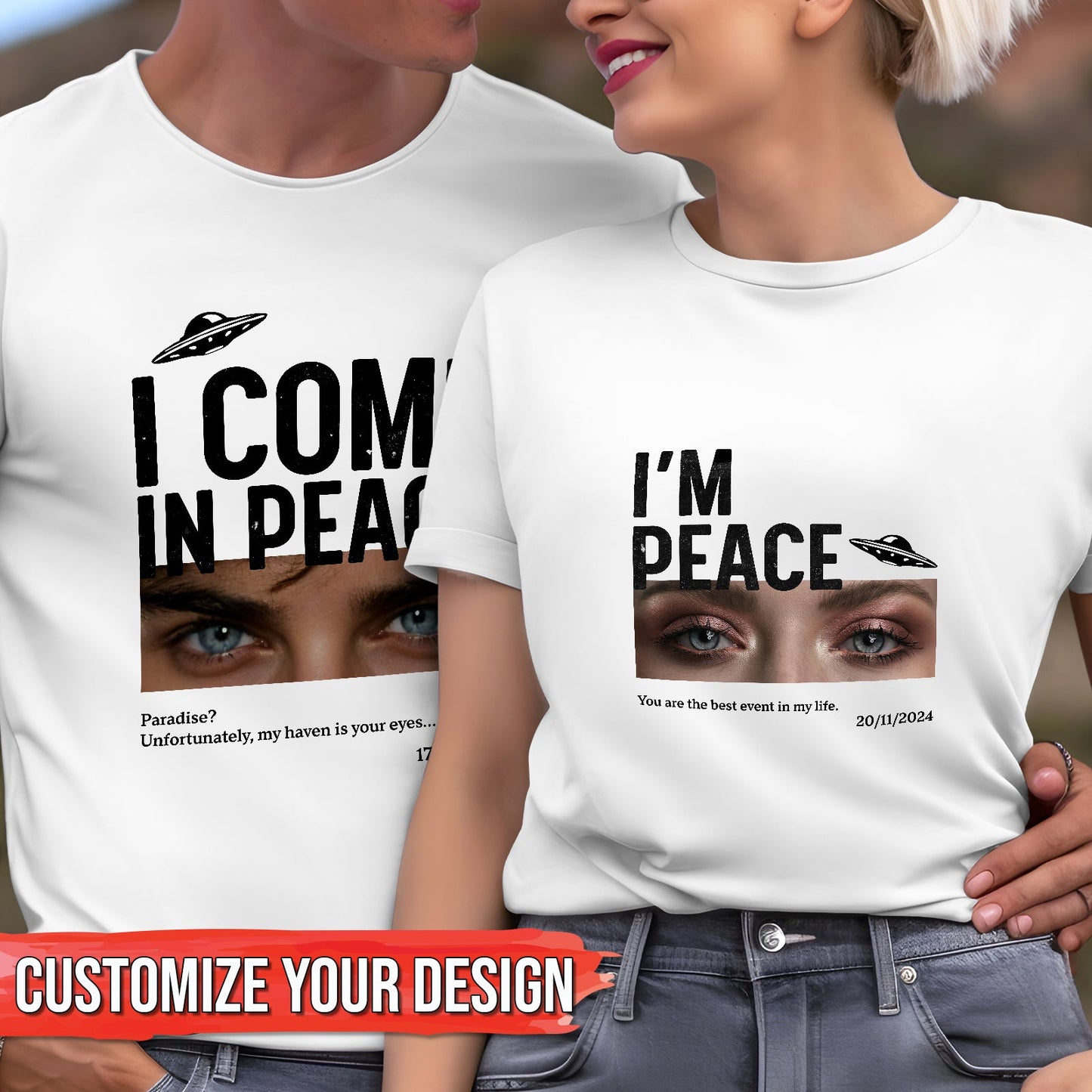 365Gifty personalized couple t-shirt set with matching white graphic designs and customizable text