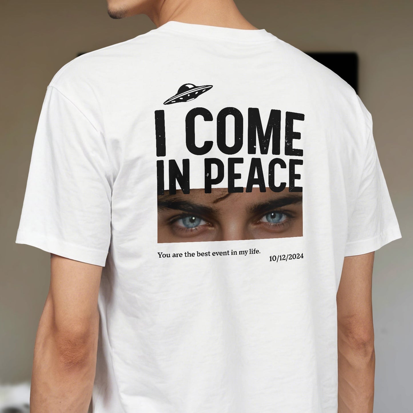 365Gifty personalized couple t-shirt with I Come In Peace design and custom photo on white fabric
