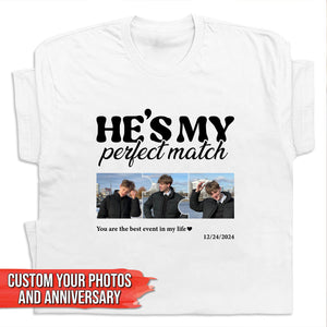 White personalized couple t shirts from 365Gifty featuring custom photo puzzle and text He's my perfect match