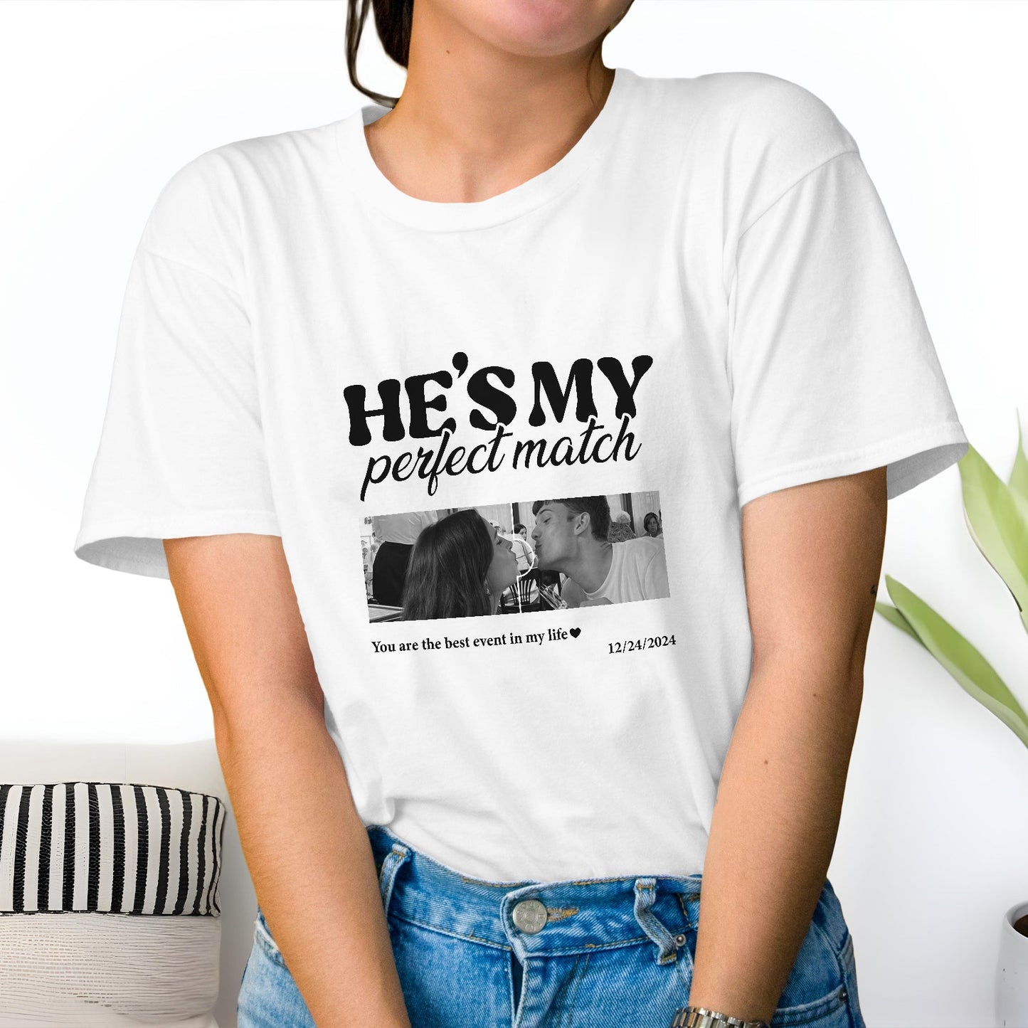 White personalized couple t shirts with black text hes my perfect match and a custom photo print