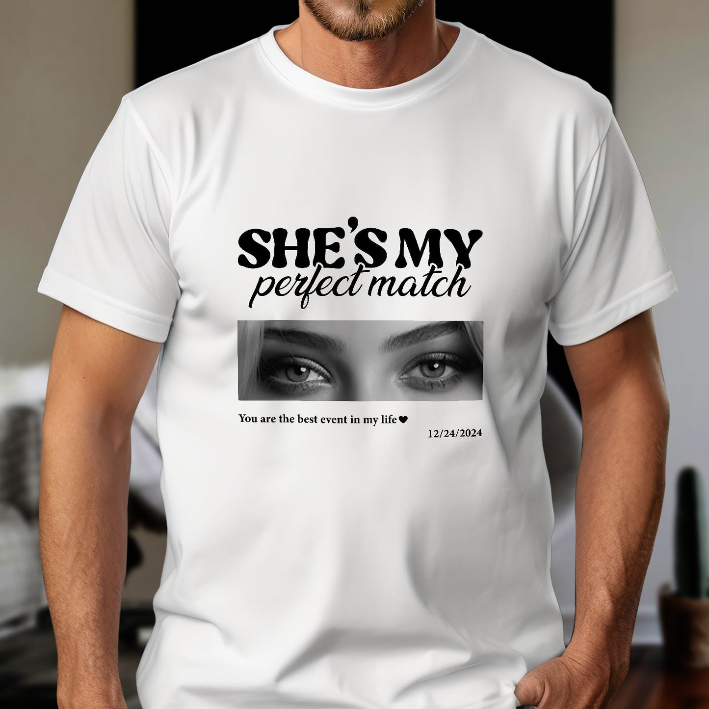 White personalized couple t shirts featuring a custom photo and the text She's my perfect match