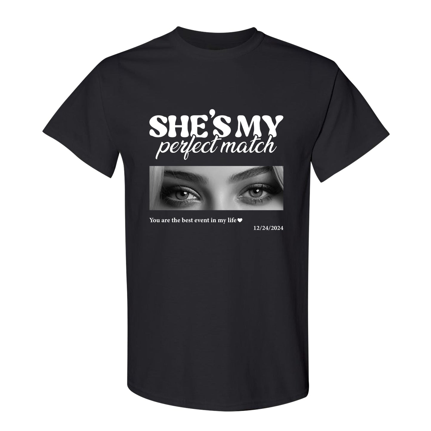 Black personalized couple t shirts with she’s my perfect match text and photo print