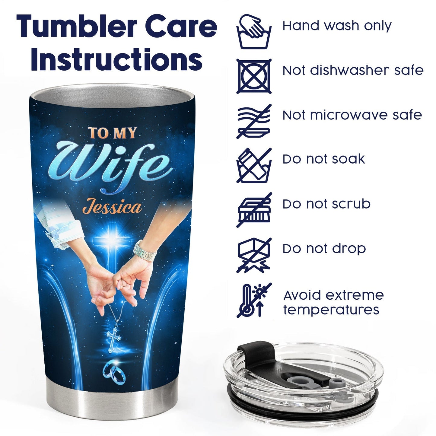 Personalized couple tumbler with To My Wife Jessica design and tumbler care instructions