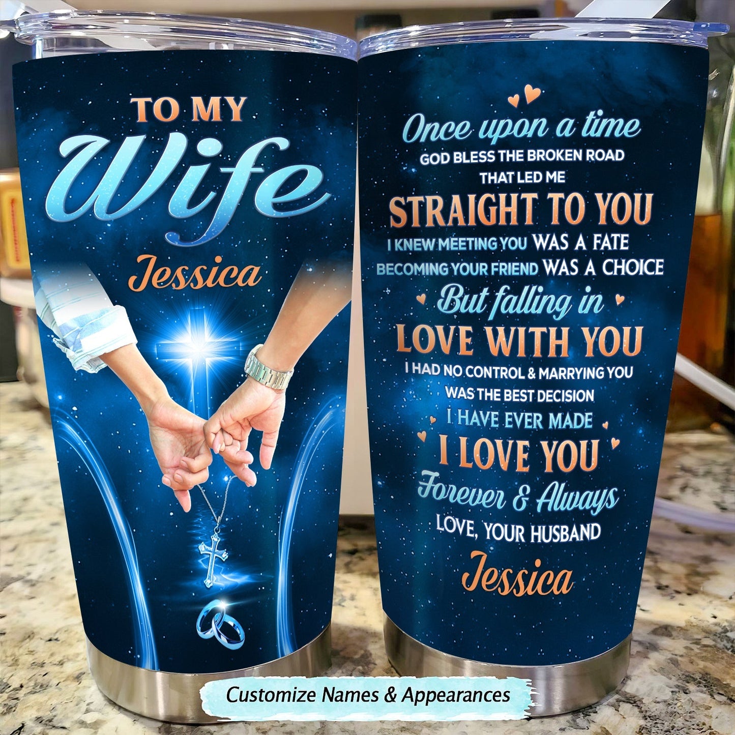 Personalized couple tumbler with romantic message and names for wife with starry night design