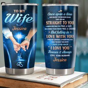 Personalized couple tumbler with romantic message for wife featuring blue background and custom name Jessica