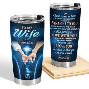 Personalized couple tumbler with romantic message to wife Jessica and holding hands design