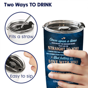 Personalized couple tumbler with two drinking options fits a straw or easy to sip lid in hand