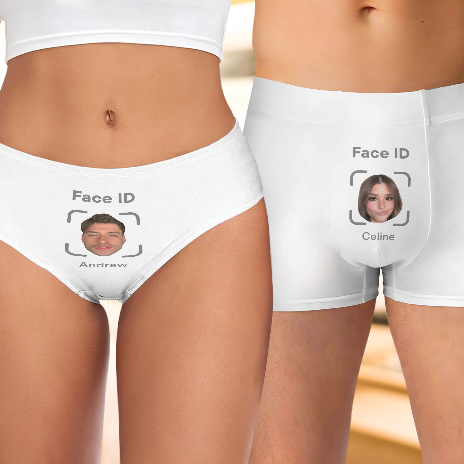 Personalized couple underwear featuring custom Face ID images for Andrew and Celine