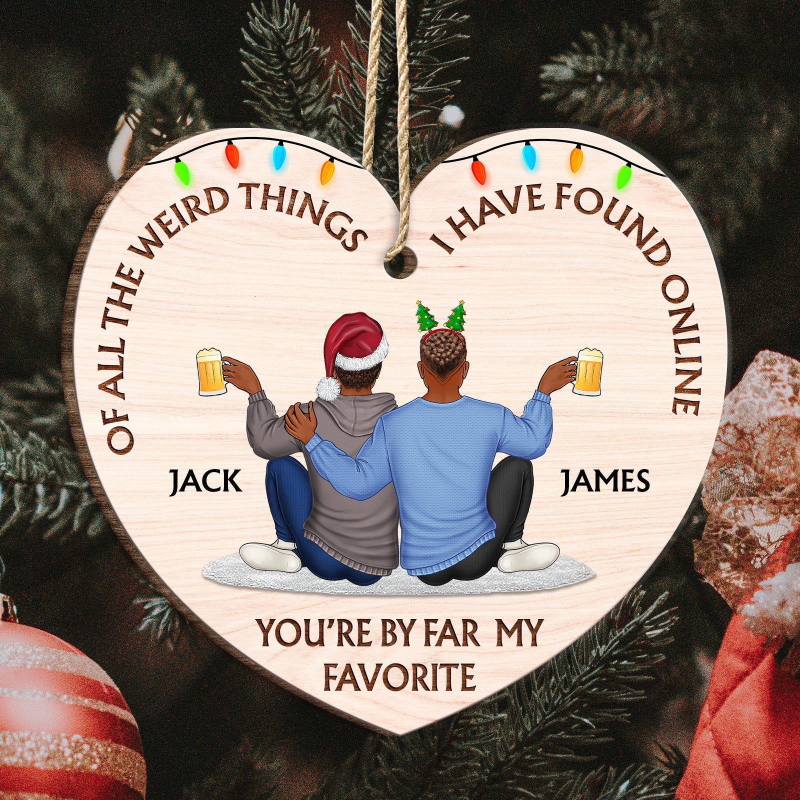 Personalized couple wooden ornament heart shaped with two men sitting holding beers and holiday hats