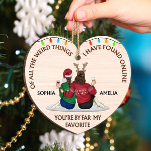 Personalized couple wooden ornament heart shaped with names Sophia and Amelia and holiday design