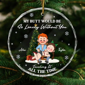 Personalized couples Christmas ornament featuring a playful couple with a sweet message and holiday design