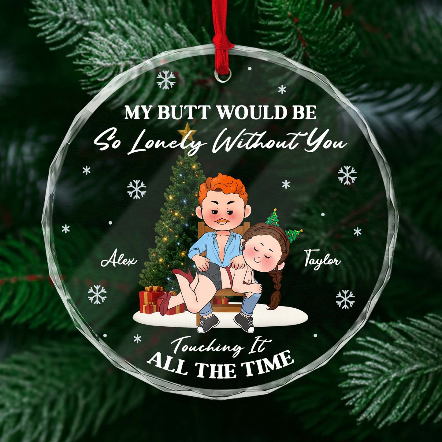 Personalized couples Christmas ornament featuring playful couple design and festive holiday text