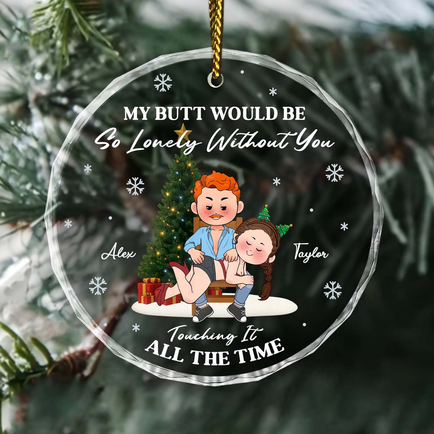 Personalized couples Christmas ornament featuring a playful design with names Alex and Taylor
