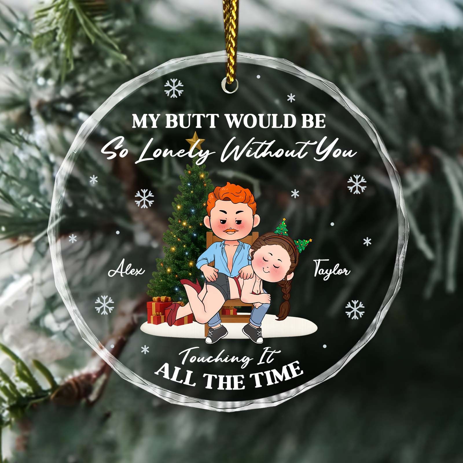 Personalized couples Christmas ornament featuring a playful design with names Alex and Taylor