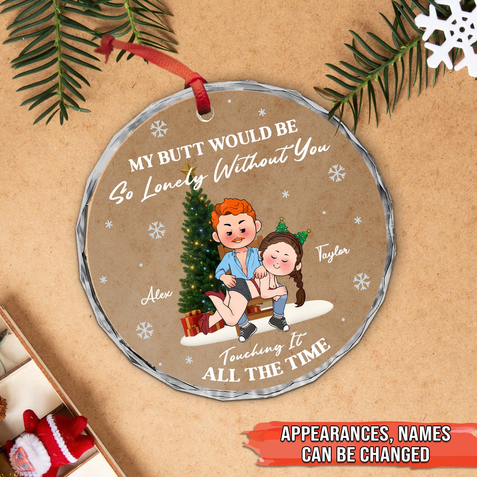 Personalized couples Christmas ornament featuring playful couple and customizable names for holiday decor