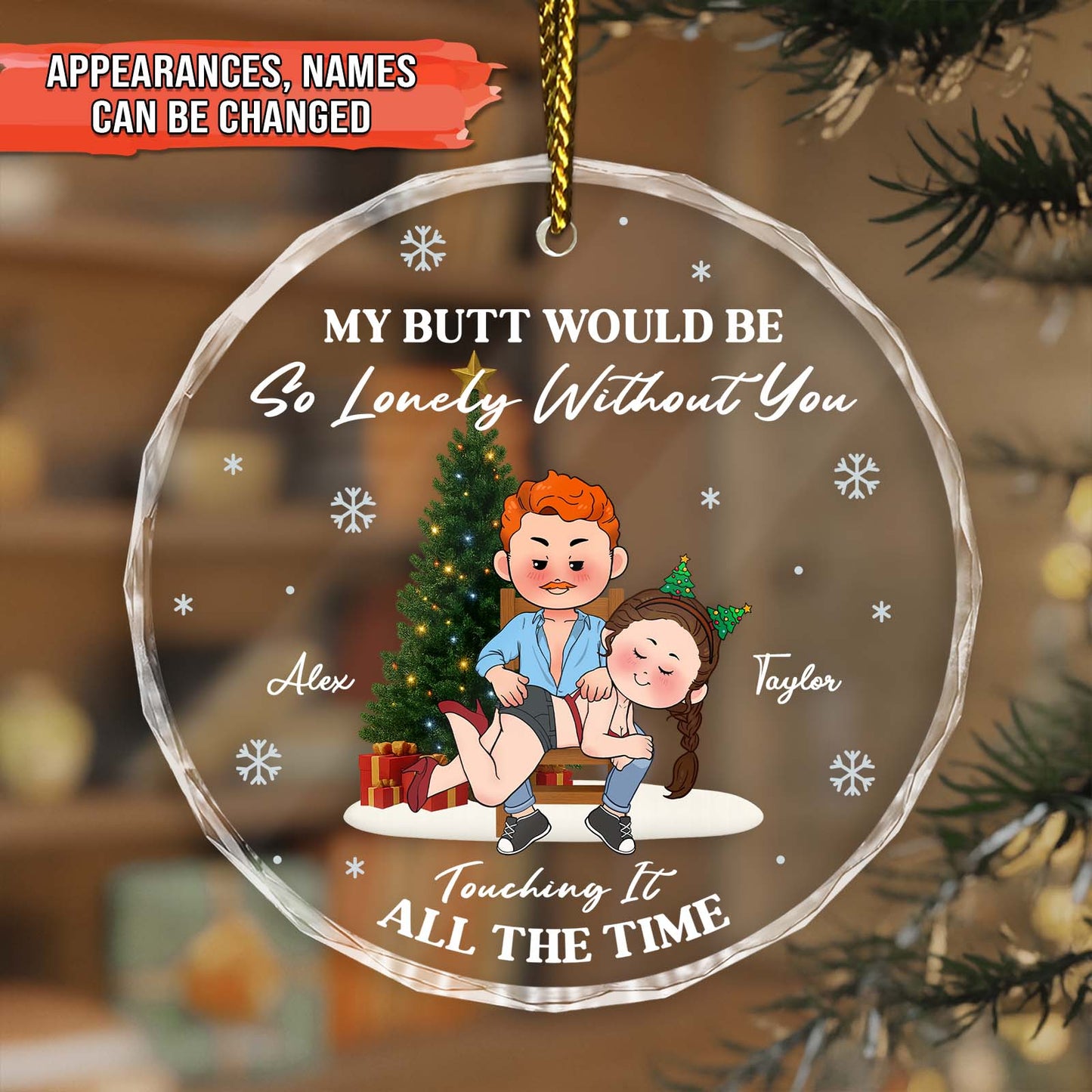 Personalized couples Christmas ornament with playful cartoon couple and customizable names